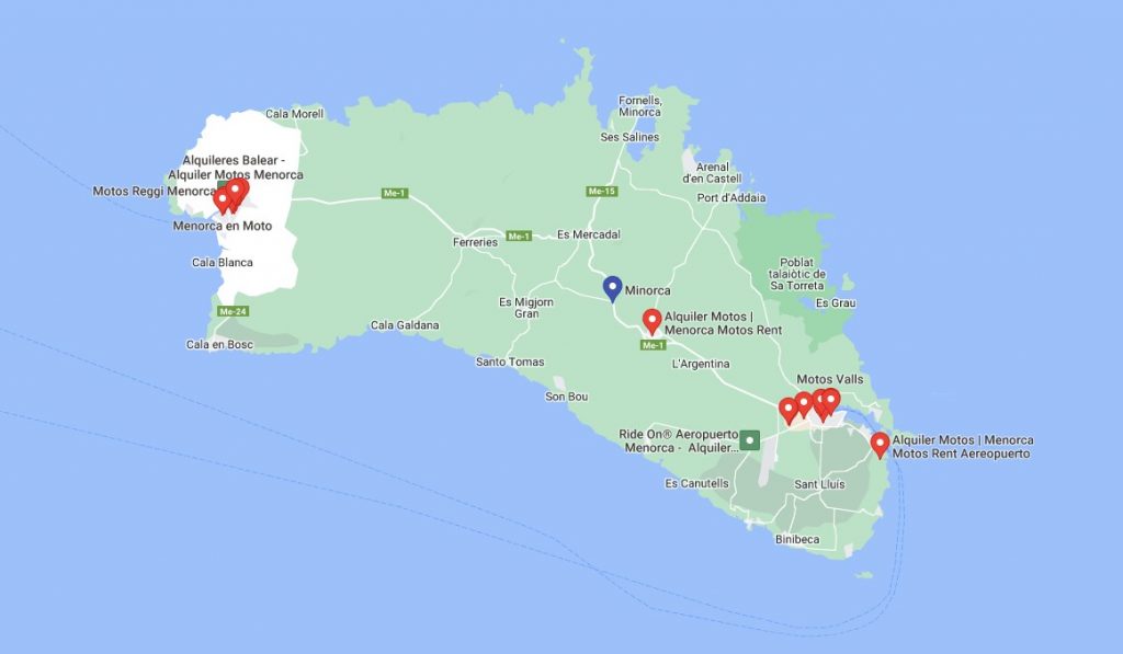 Mapa alquiler motos en Menorca